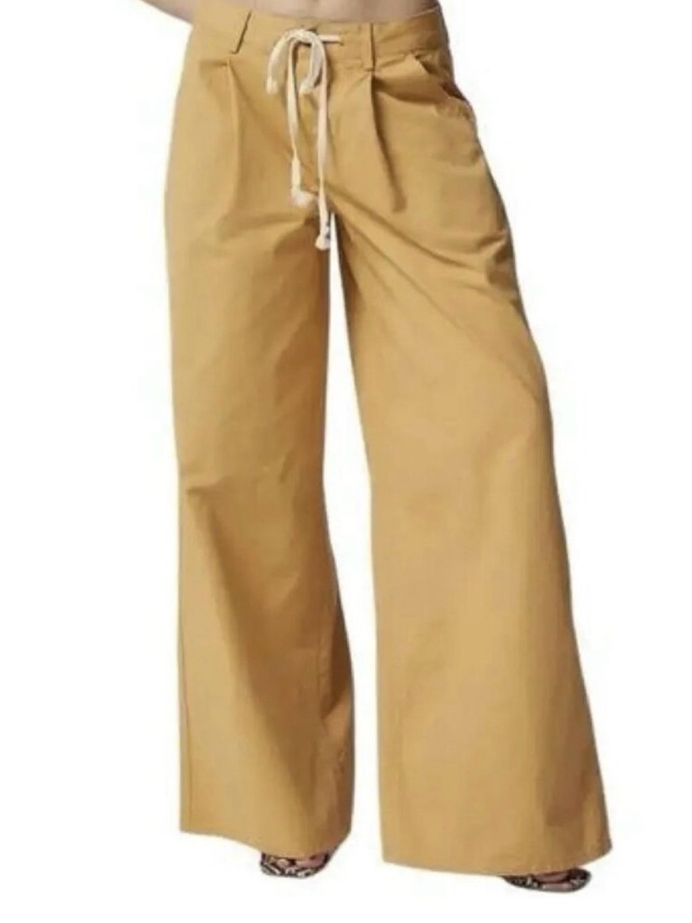 Urban Outfitters Laura Wide-Leg Drawstring Trouser Pants in Khaki Tan
